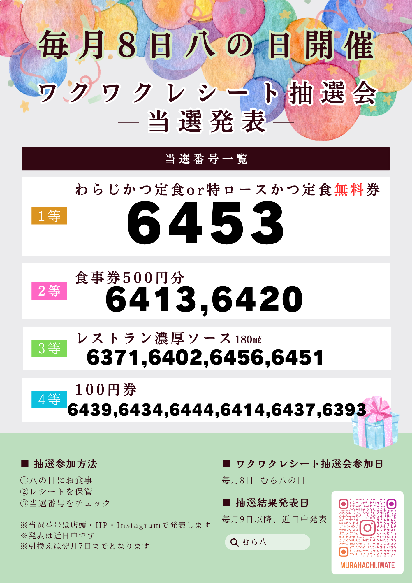 むら八の日】5月8日ワクワクレシート抽選会当選発表のお知らせ – 有限