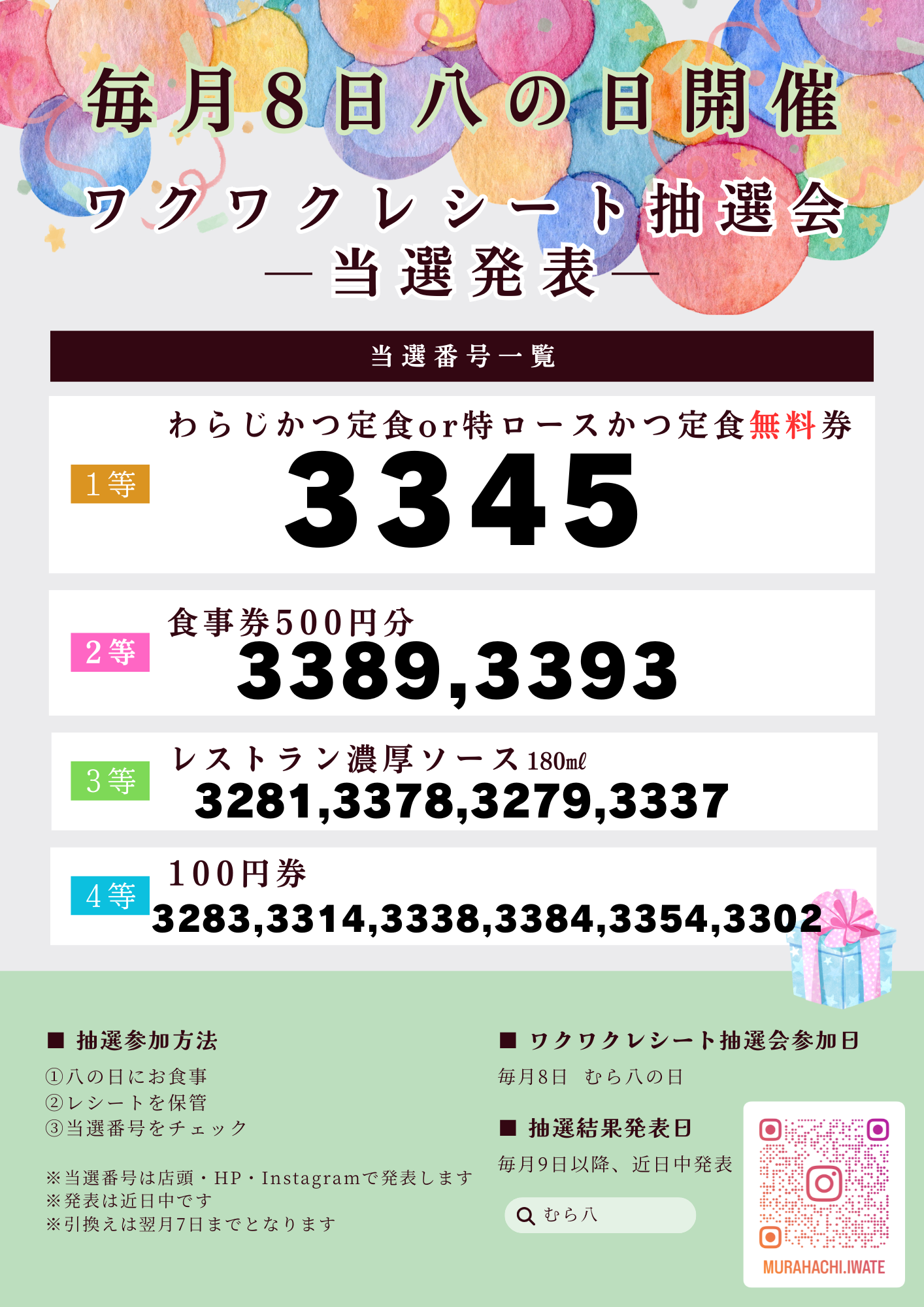 むら八の日】7月8日ワクワクレシート抽選会当選発表のお知らせ – 有限